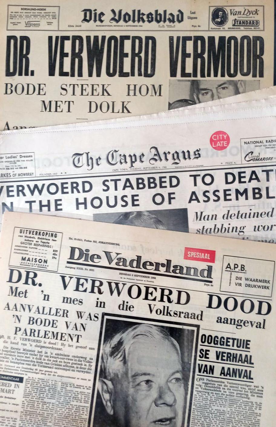 Newspapers announcing the death of Dr HF Verwoerd