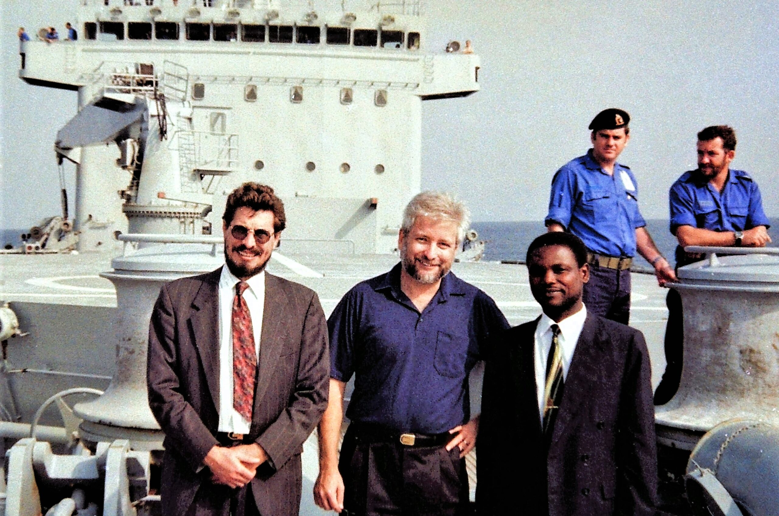 Nongqai Blog During the SAS Drakensberg’s Friendship Cruise, which included West-Central Africa’s Gulf of Guinea, the then South African Ambassador to that region Dr. Willem Steenkamp sailed with her from port to port. Here he is flanked on board ship by SA Embassy 1st Secretary Heinie Lotze and the ambassador of Sao Tomé & Principe (one of the destinations visited) Mr. Urbino Botelo.