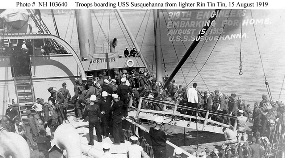 The Susquehanna, boarding US troops from the lighter, Rin-Tin-Tin