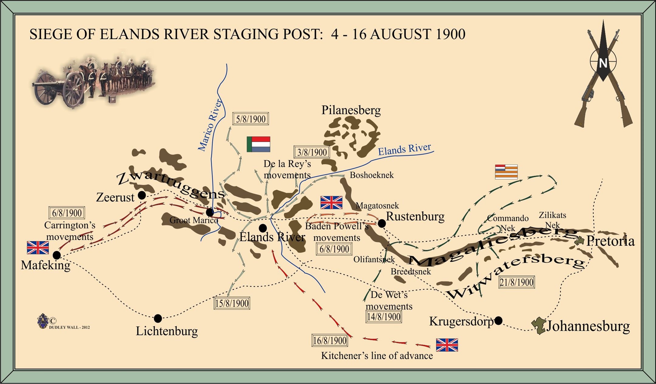 British and Boer forces’ movements in the northwestern Transvaal in August 1900. 
(Map Colonel Dudley Wall)